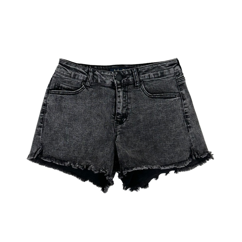 Indigo Rein Gray Fade Wash Black Jean Shorts With Raw Fringe Hem Size 7/27